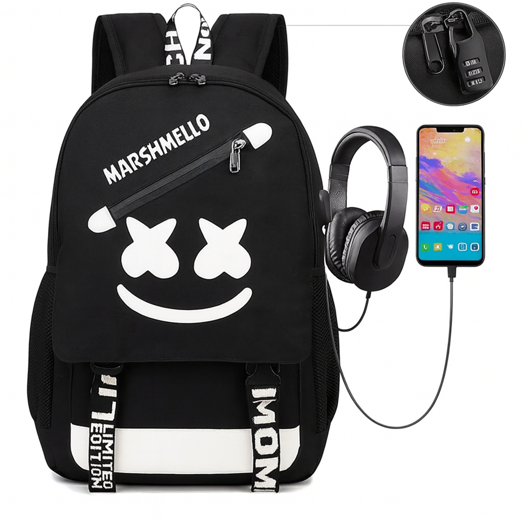 Светеща ученическа раница Marshmello с USB и AUX преходници – снимка 2