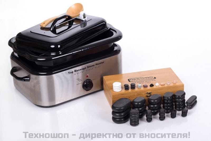 60 бр. ВУЛКАНИЧНИ МАСАЖНИ КАМЪНИ в КОМПЛЕКТ с ПОДГРЯВАЩ СЪД, ТЕРМОМЕТЪР и ДЪРВЕНА БЪРКАЛКА