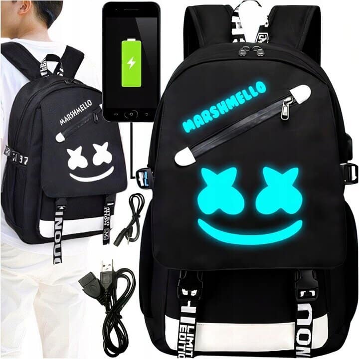 Светеща ученическа раница Marshmello с USB и AUX преходници – снимка 5