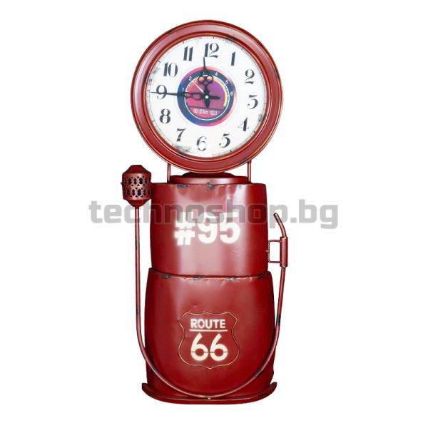 Червен часовник с декорация на бензинова колонка