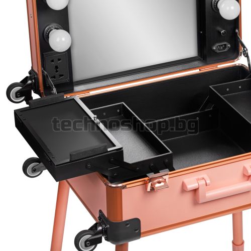 Професионален куфар за грим, преносим със стойка и колелца, розов цвят