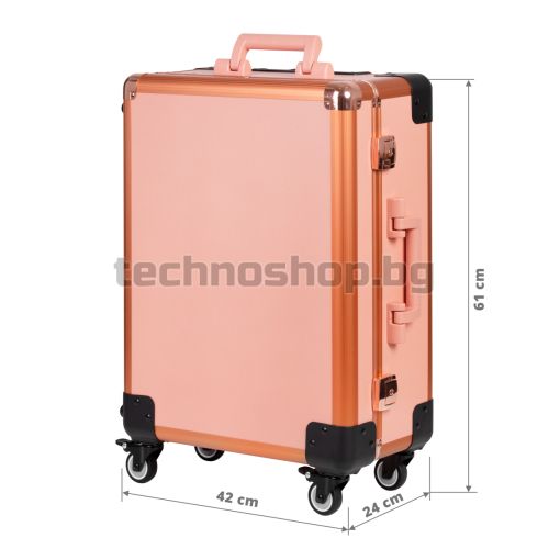 Професионален куфар за грим, преносим със стойка и колелца, розов цвят