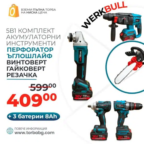 5в1 Немски Комплект WerkBull от Резачка, Гайковерт-Винтоверт,Перфоратор,Ъглошлайф и Винтоверт +3 Батерии 8Ah и Чанта за съхранение - 1