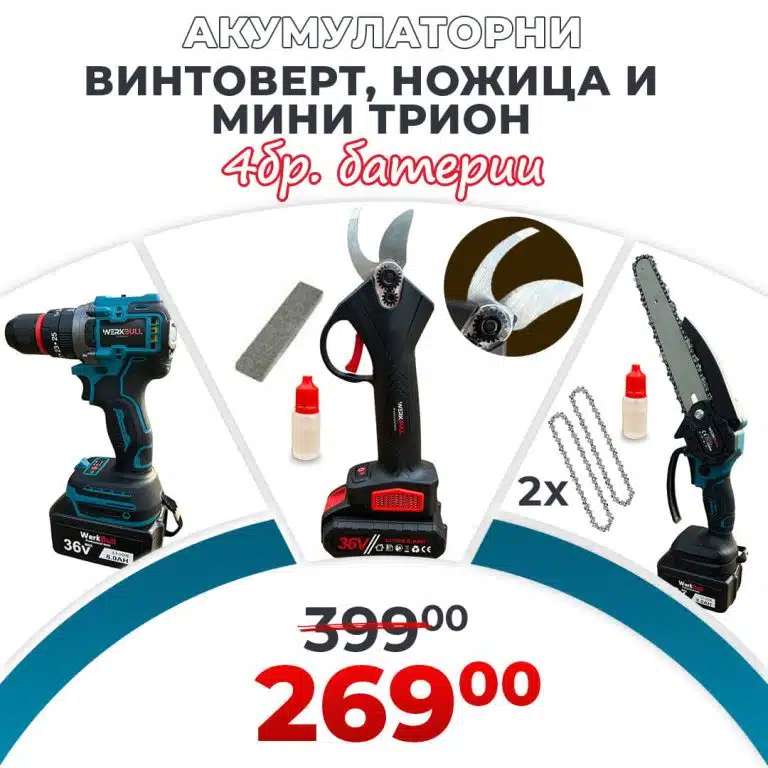 3в1 комплект Акумулаторни Ножица, Мини трион и Ударен Винтоверт WerkBull Germany® + 4 батерии и 2 зарядни - 1