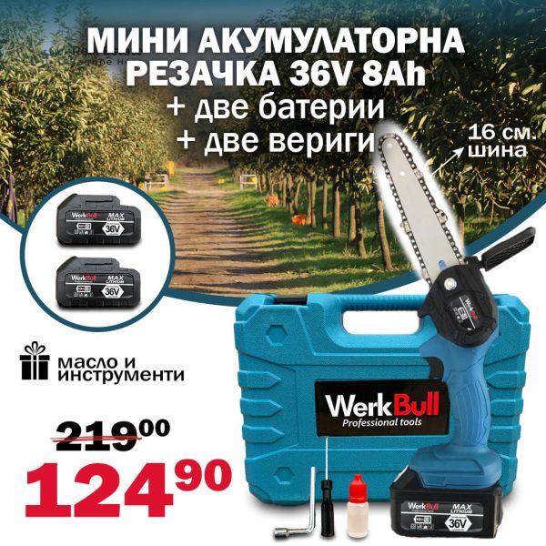 Немска Акумулаторна Мини Резачка/Трион с шина 16см – две батерии 36V/ 8Ah + две вериги - 1