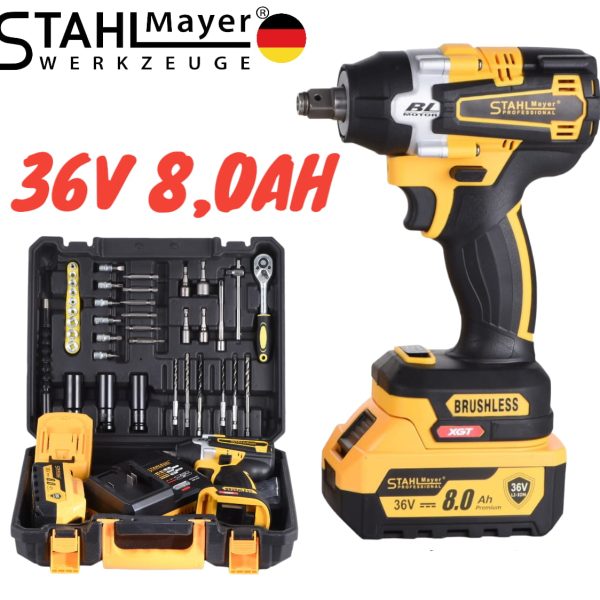 Ударен Гайковерт – Винтоверт 36V 8,0AH STAHLMAYER + 40 части инструменти Акумулаторен Безчетков 2х Батерии 850Nm - 1
